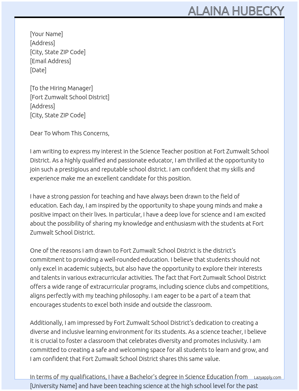 Science Teacher At Fort Zumwalt School District Cover Letter