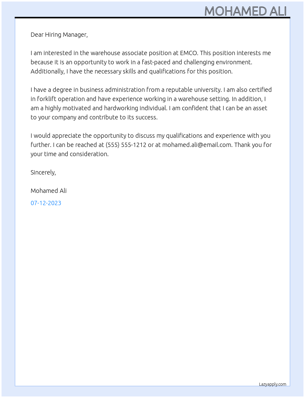 Warehouse associate  At EMCO Cover Letter