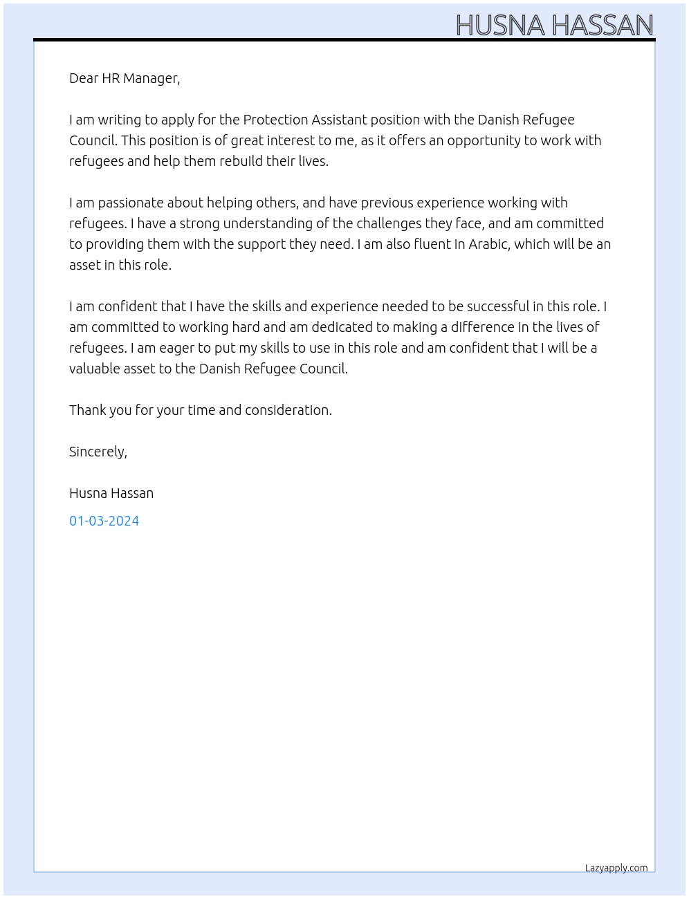 Protection Assistant At Danish Refugee Council Cover Letter