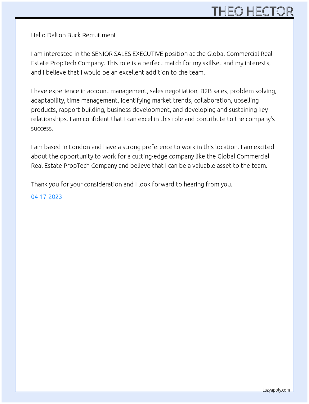 SENIOR SALES EXECUTIVE At Global Commercial Real Estate PropTech Company Cover Letter