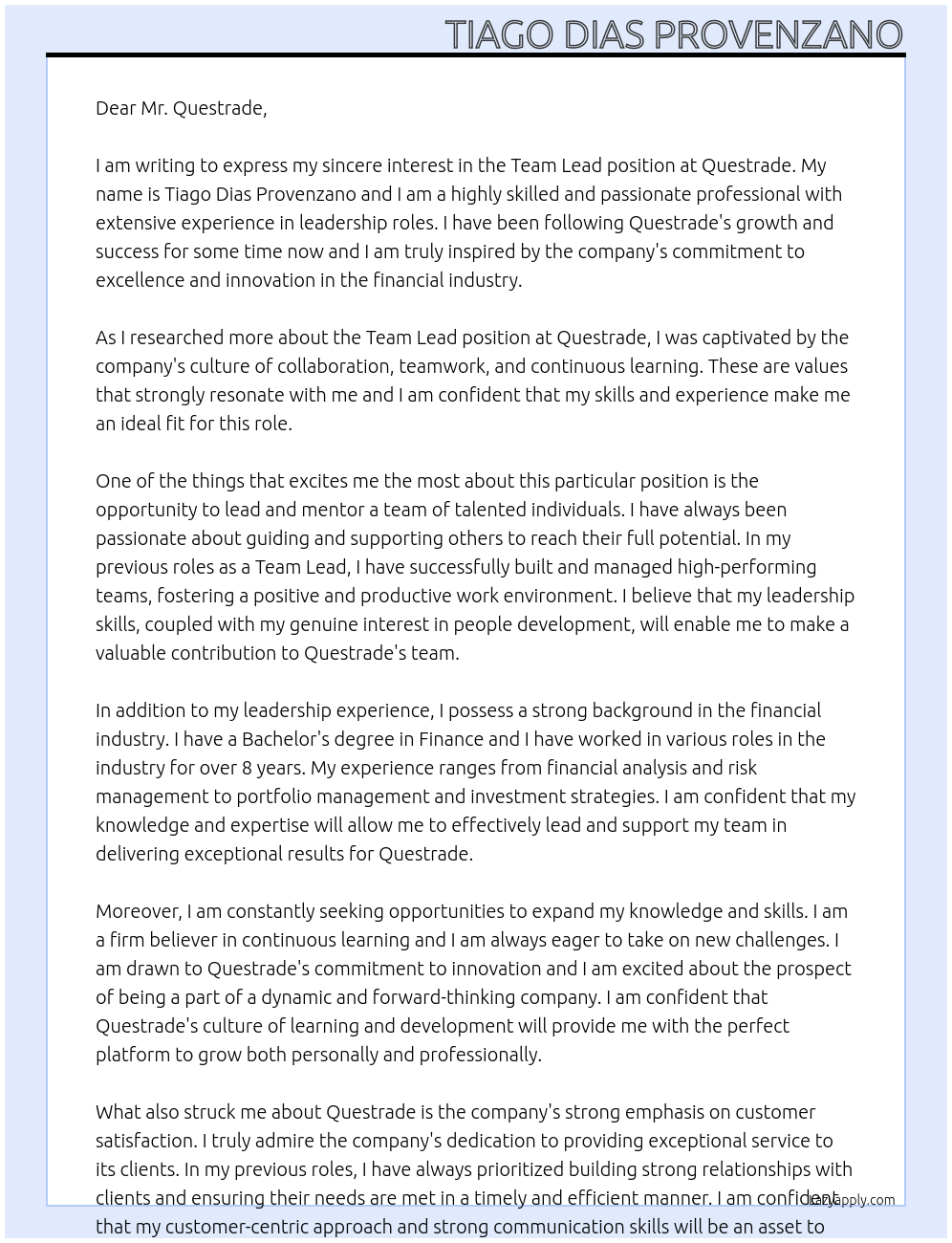 Team Lead At Questrade Cover Letter