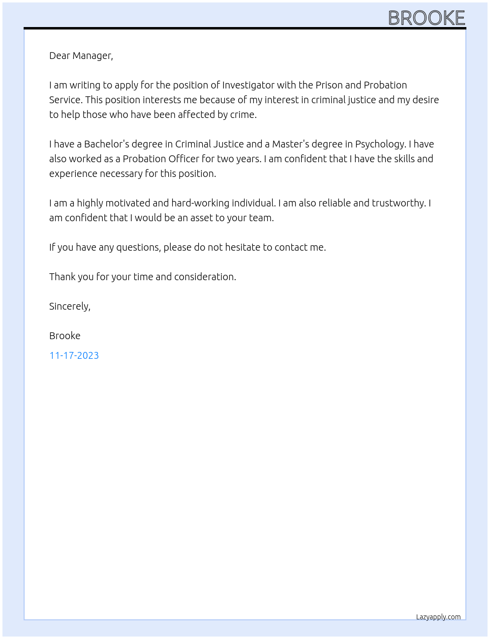 Investigator At Prison and Probation service Cover Letter