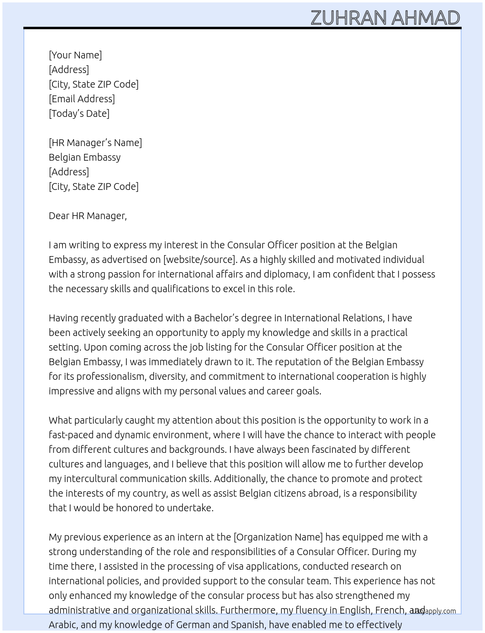 Consular Officer At Belgian Embassy Cover Letter