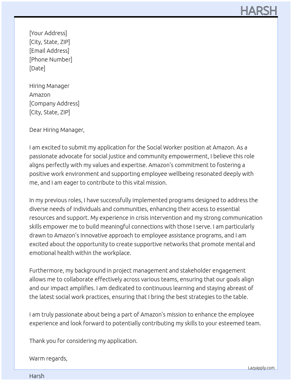 Social Worker At Amazon Cover Letter