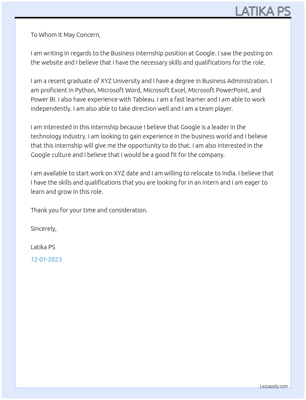 Business internship  At Google  Cover Letter