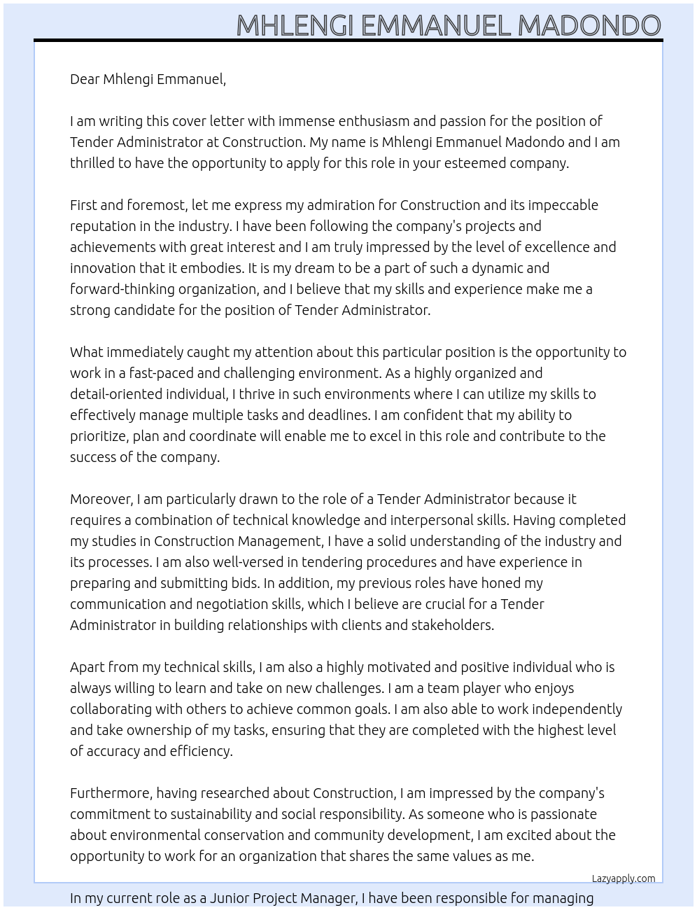 Tender Administrator At Construction Cover Letter