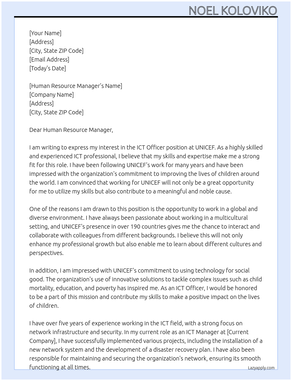 ICT Officer At UNICEF Cover Letter