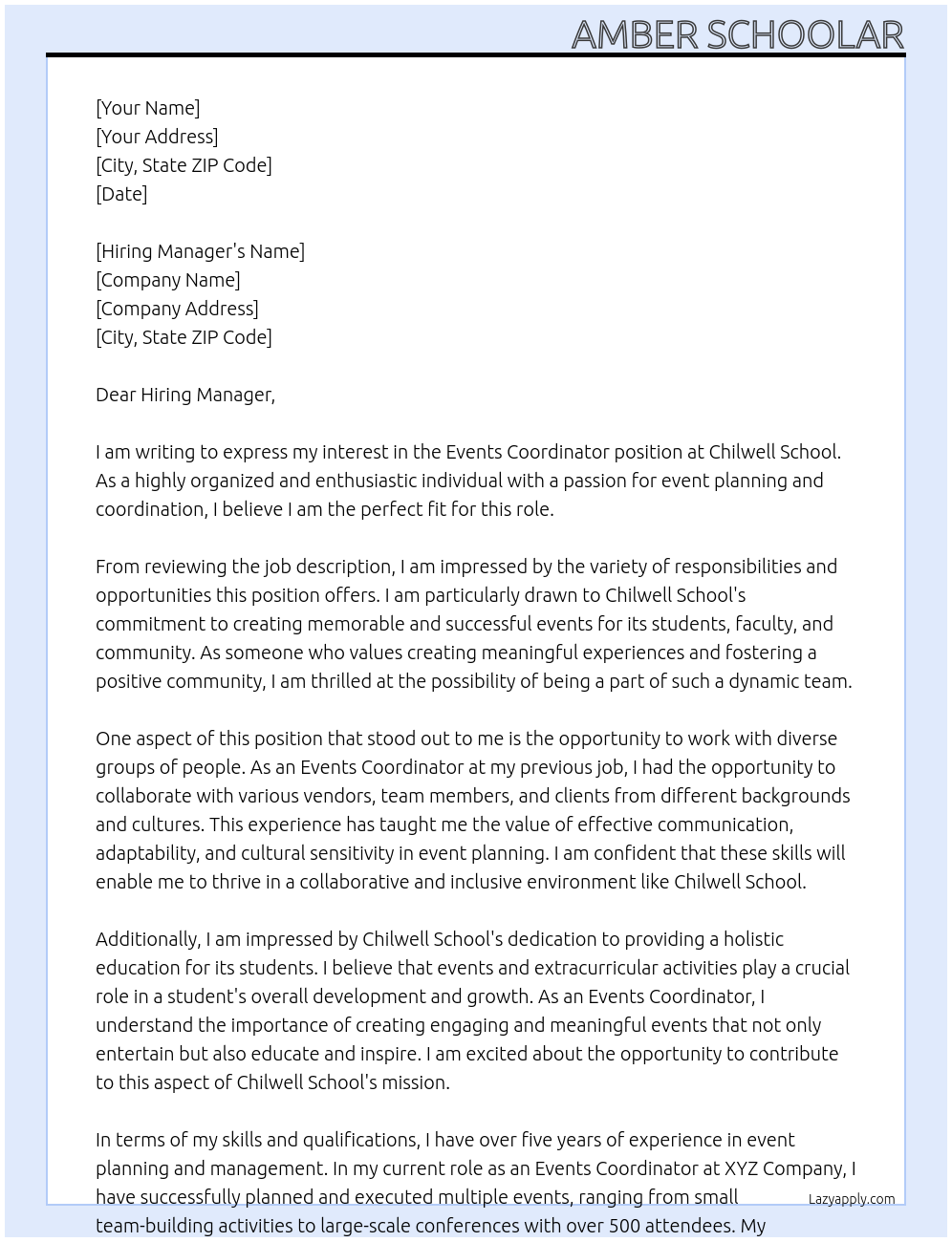 Events coordinator At Chilwell School Cover Letter