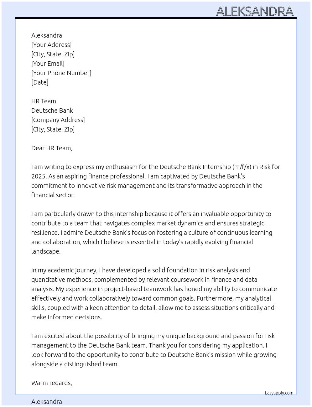 Deutsche Bank Internship (m/f/x) in Risk 2025 At Deutsche Bank Cover Letter