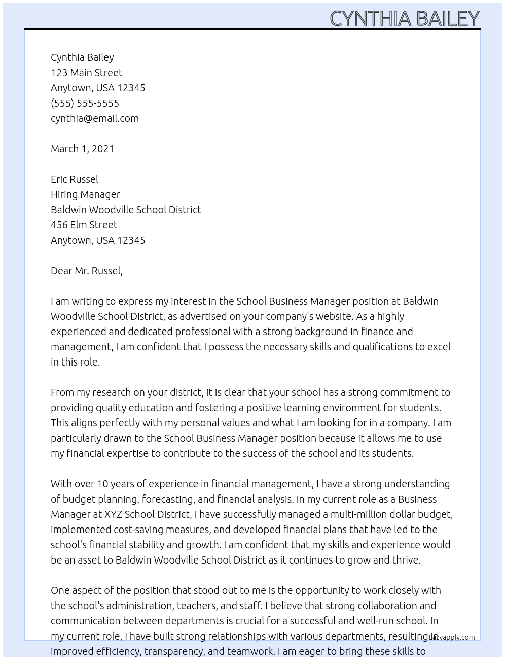 school business manager At Baldwin Woodville School District Cover Letter