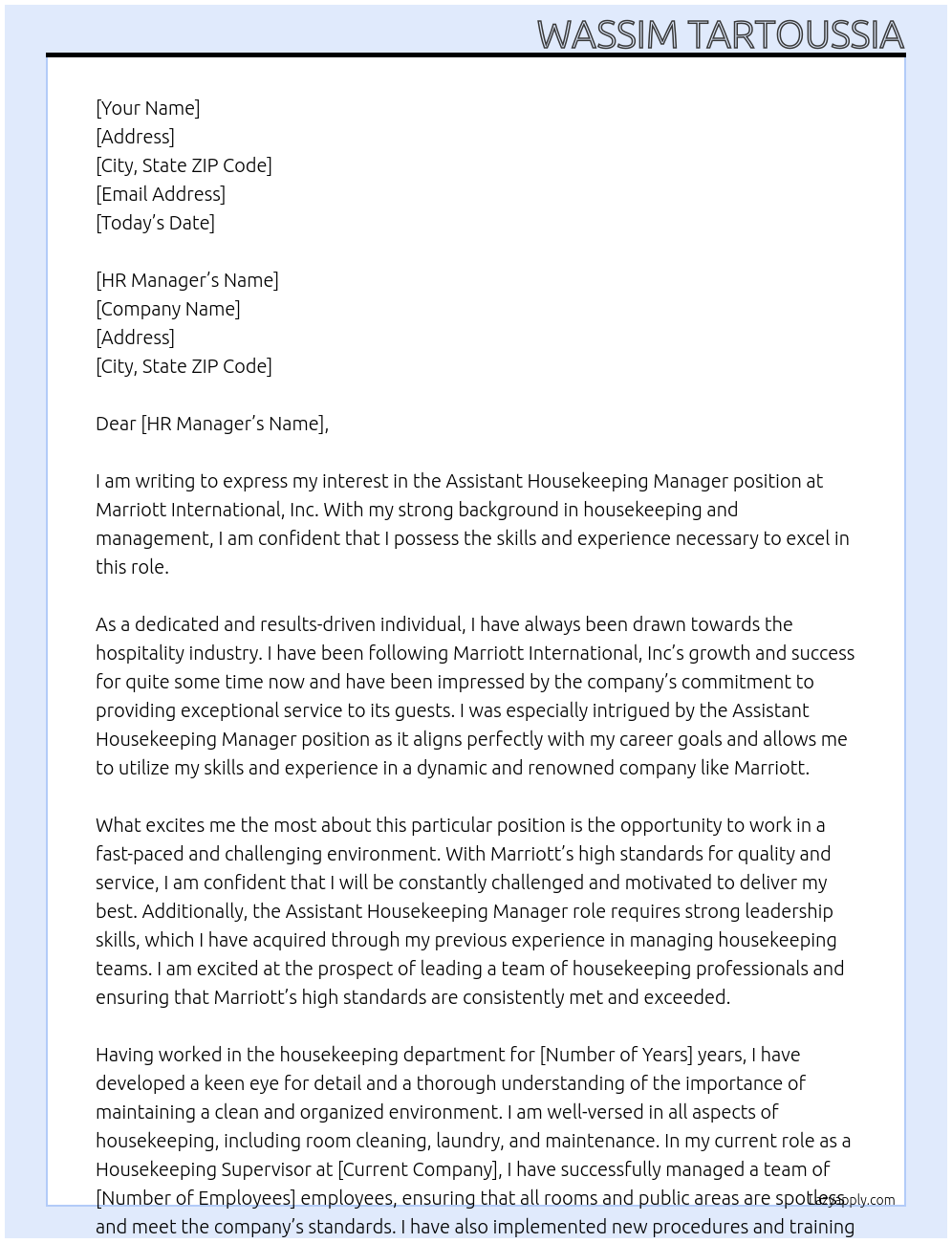 Assistant Housekeeping Manager At Marriott International, Inc Cover Letter
