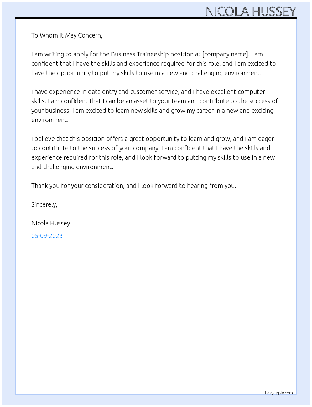 Business Traineeship At . Cover Letter