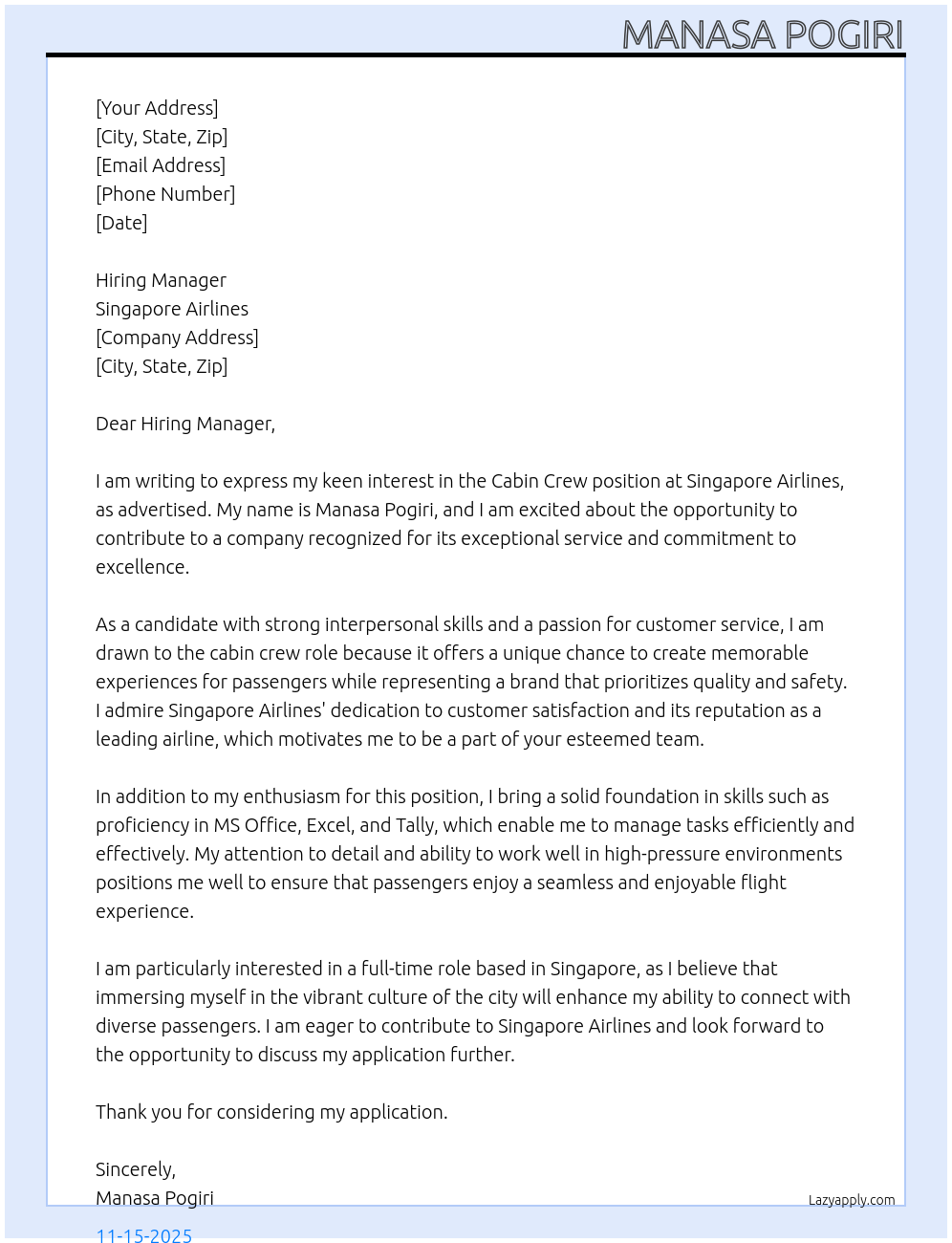cabin crew At sinagapore airlines Cover Letter