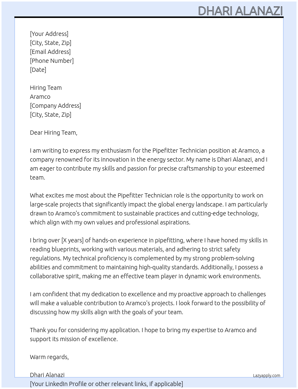 Pipefitter Technique  At Aramco Cover Letter