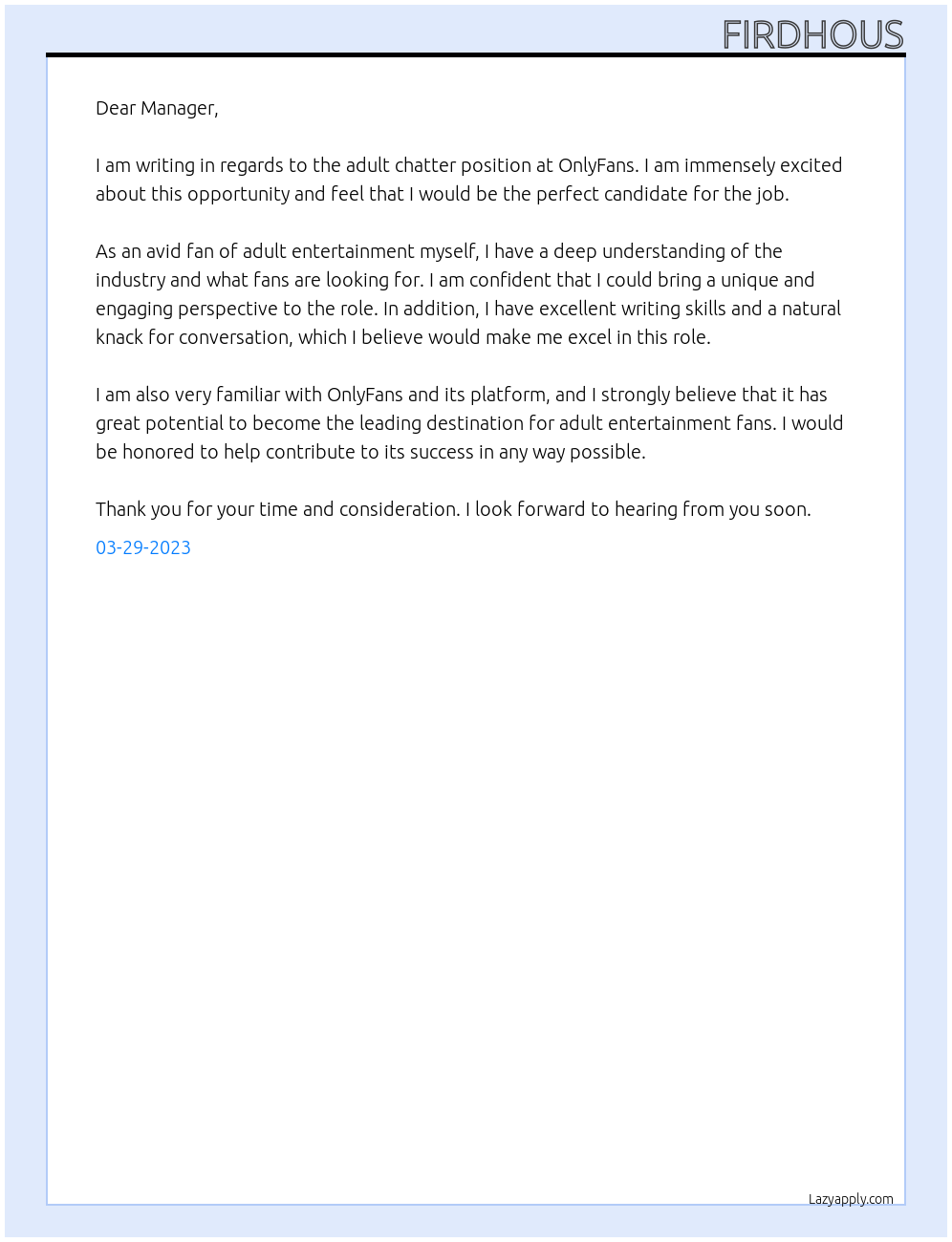 adult chatter At onlyfans Cover Letter