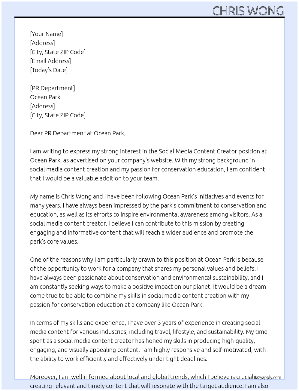 Social media content creator At Ocean Park Cover Letter