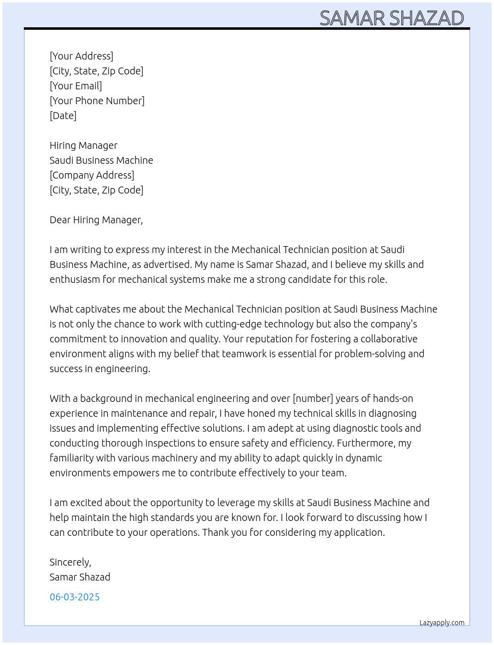 Mechanical Technician At Saudi Business Machine Cover Letter