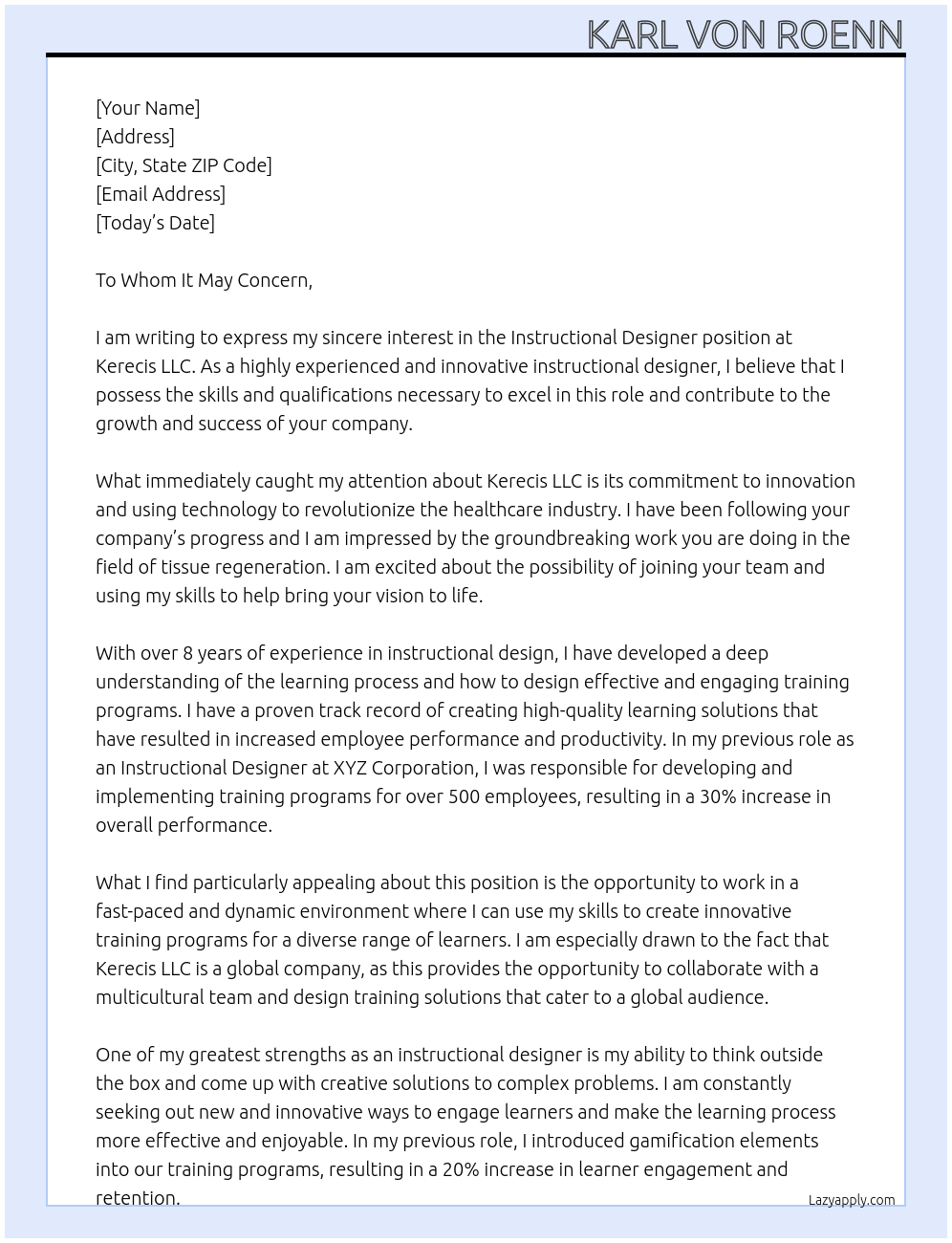 Instructional Designer At Kerecis LLC Cover Letter