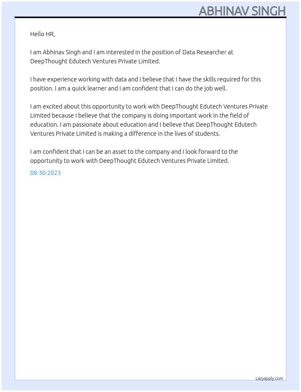  Data Researcher At DeepThought Edutech Ventures Private Limited Cover Letter