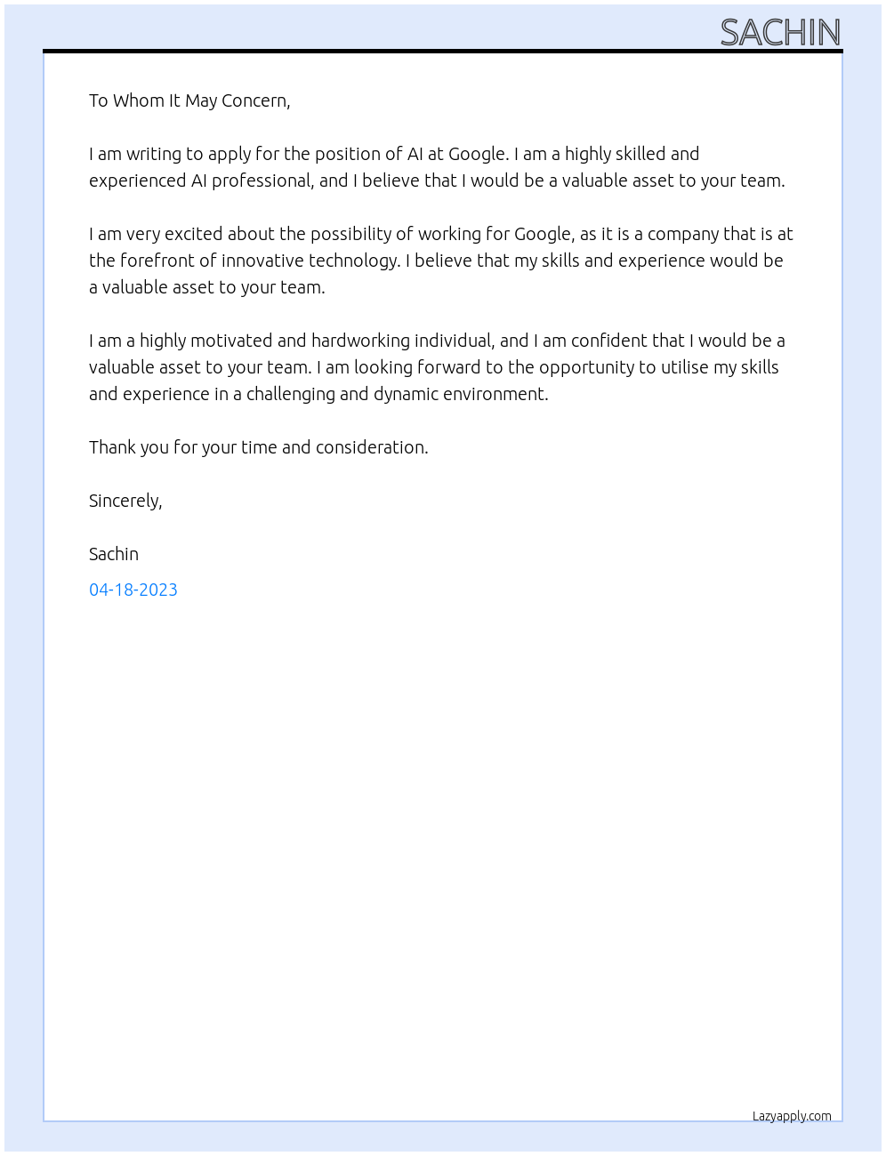 AI  At Google Cover Letter