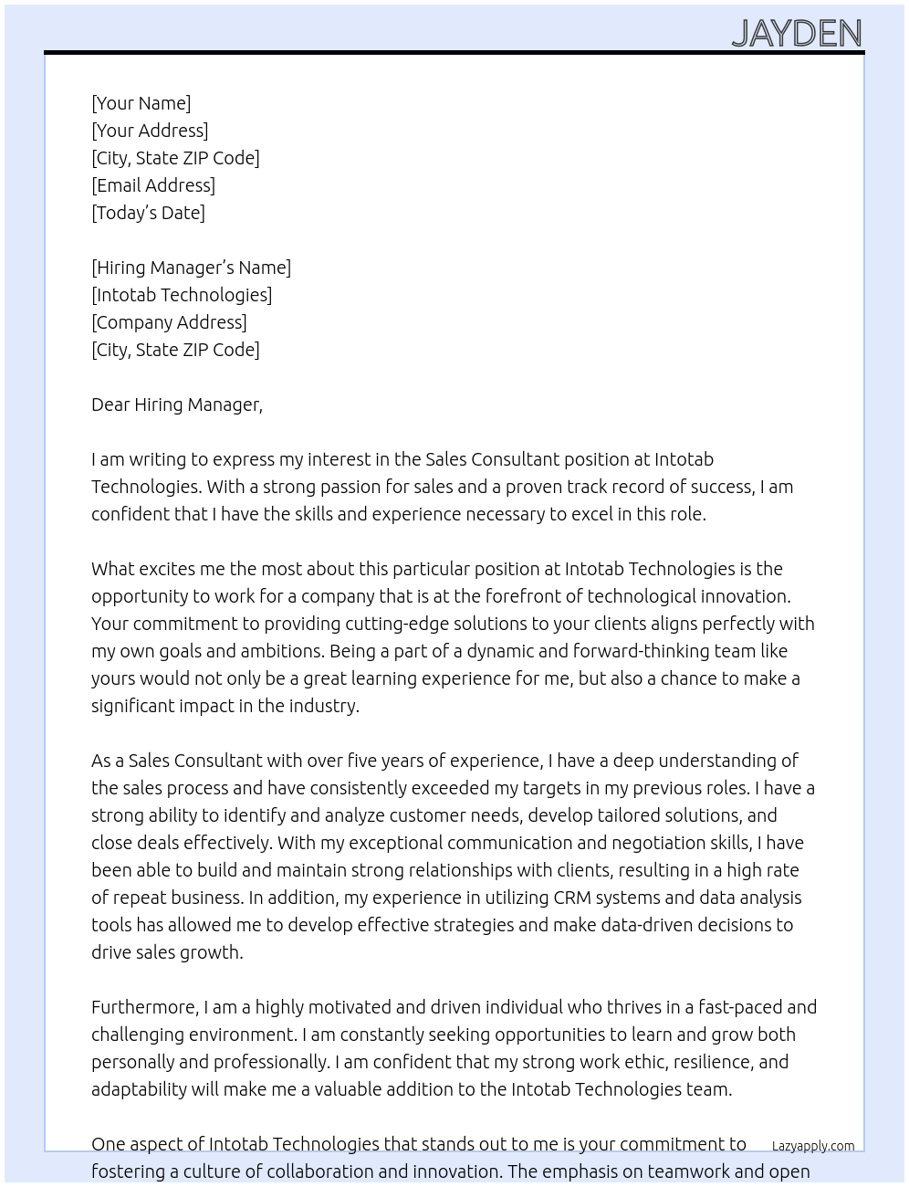 Sales Consultant At Intotab Technologies Cover Letter