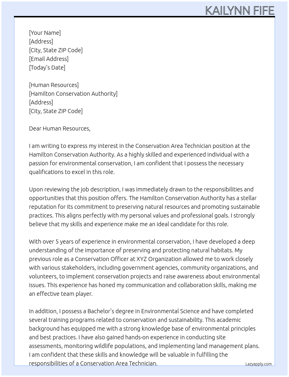 Cover letter for conservation area technician - LazyApply