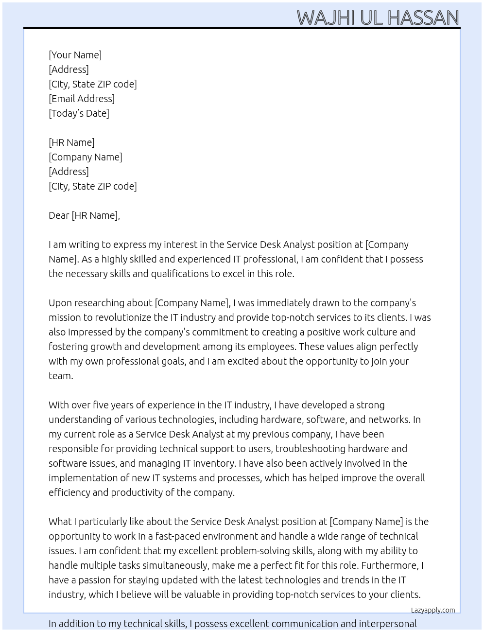 Service Desk Analyst At xyz Cover Letter