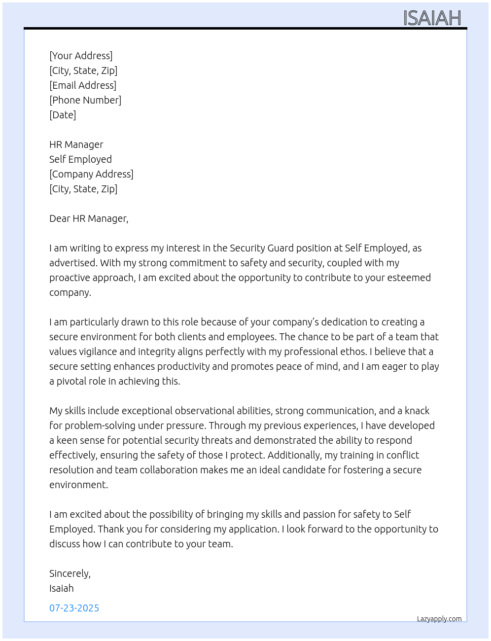 Security Guard At Self Employed Cover Letter
