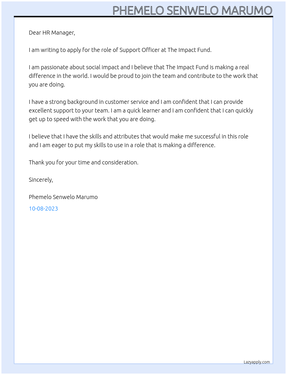 Support officer At The impact fund Cover Letter