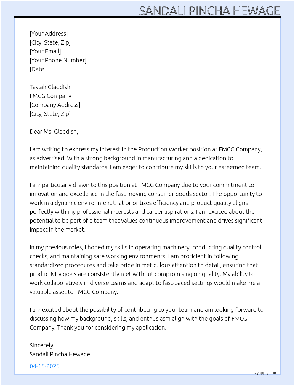 Production Worker At FMCG Company Cover Letter