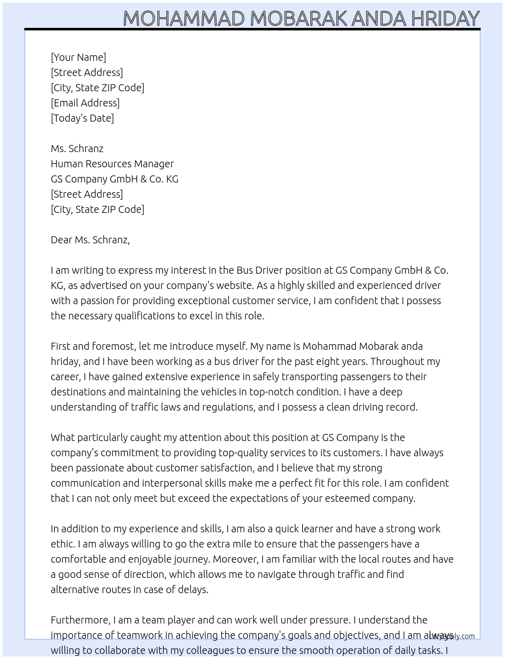 Bus driver At GS Company GmbH & Co. KG Cover Letter