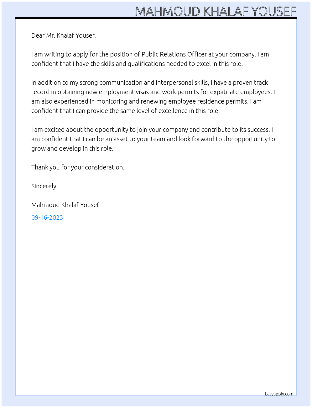 Public Relations Officer  At Company Cover Letter