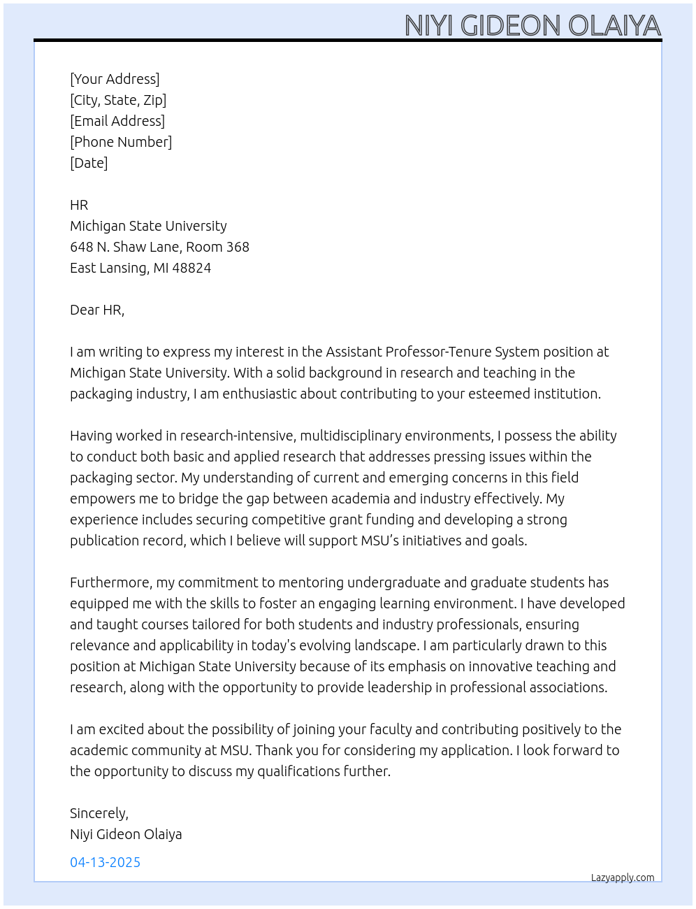 Assistant Professor-Tenure System At Michigan State University Cover Letter