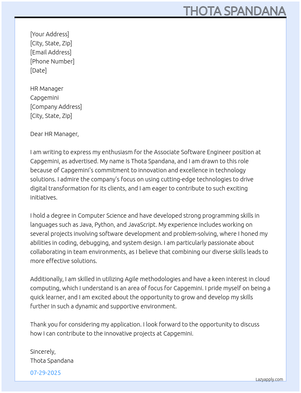 Associate software engineer At capgemini Cover Letter