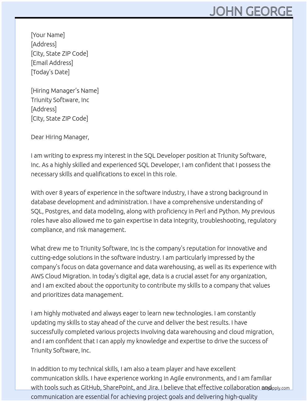 SQL Developer At Triunity Software, Inc Cover Letter