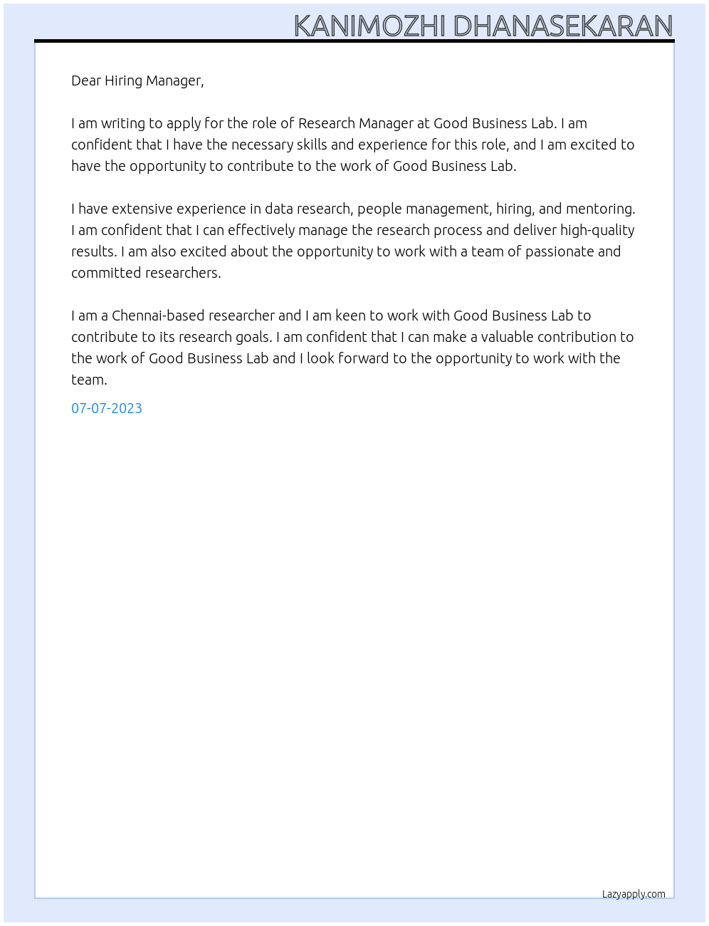Research Manager At Good Business Lab Cover Letter