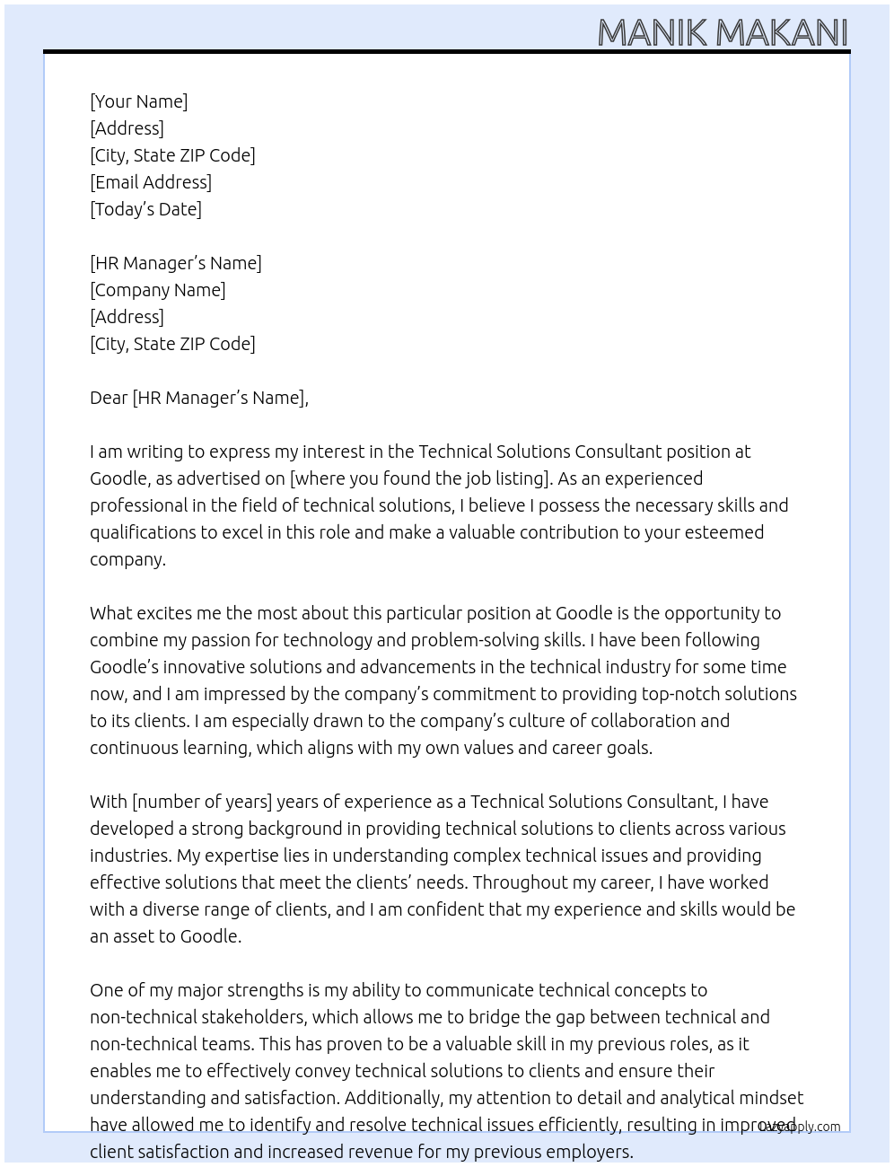 Cover letter for technical solutions consultant - LazyApply