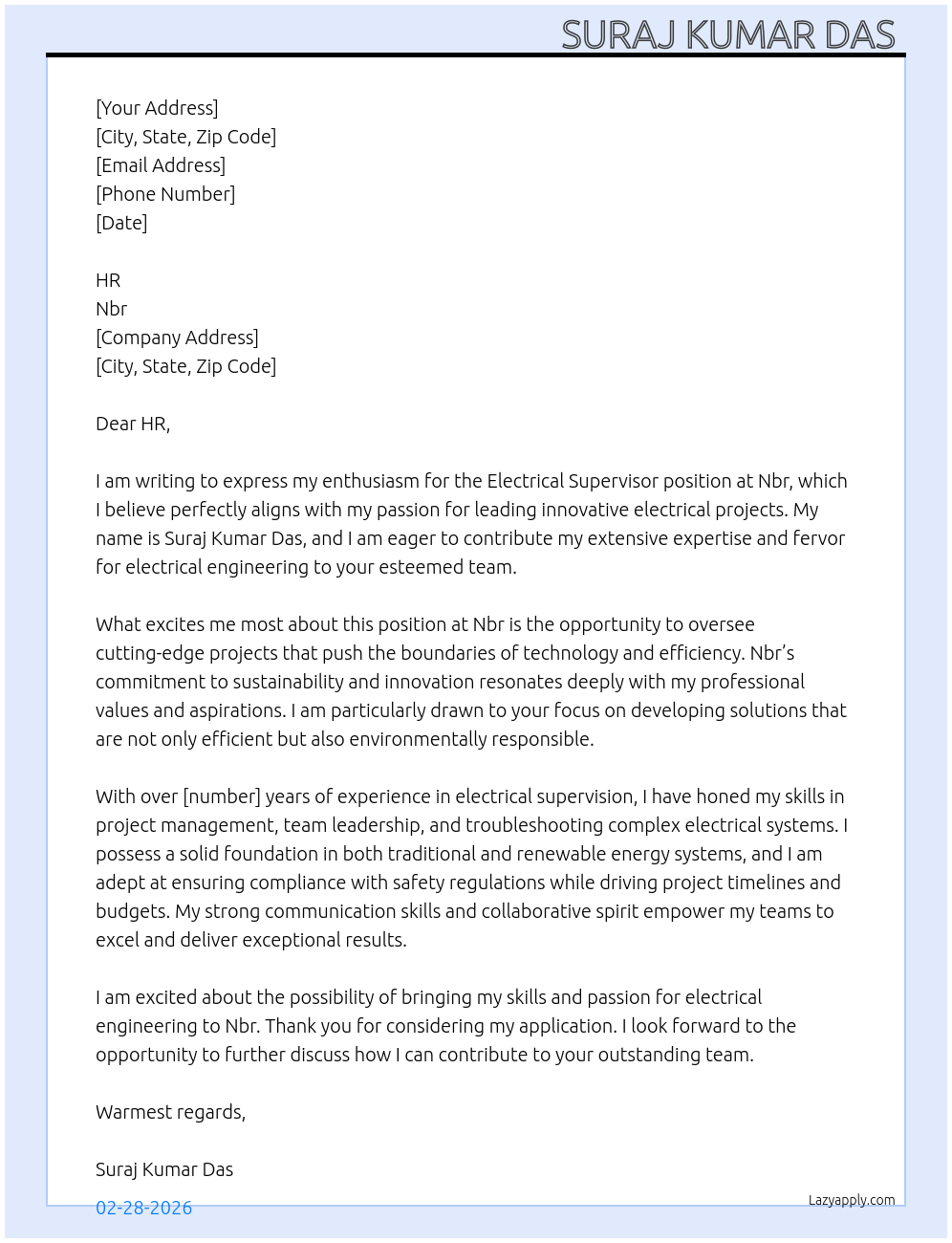 Cover letter for electrical supervisor - LazyApply