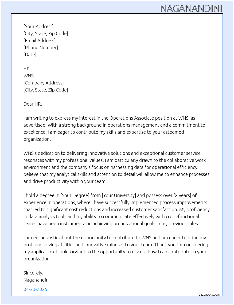 Operations Associate At WNS Cover Letter