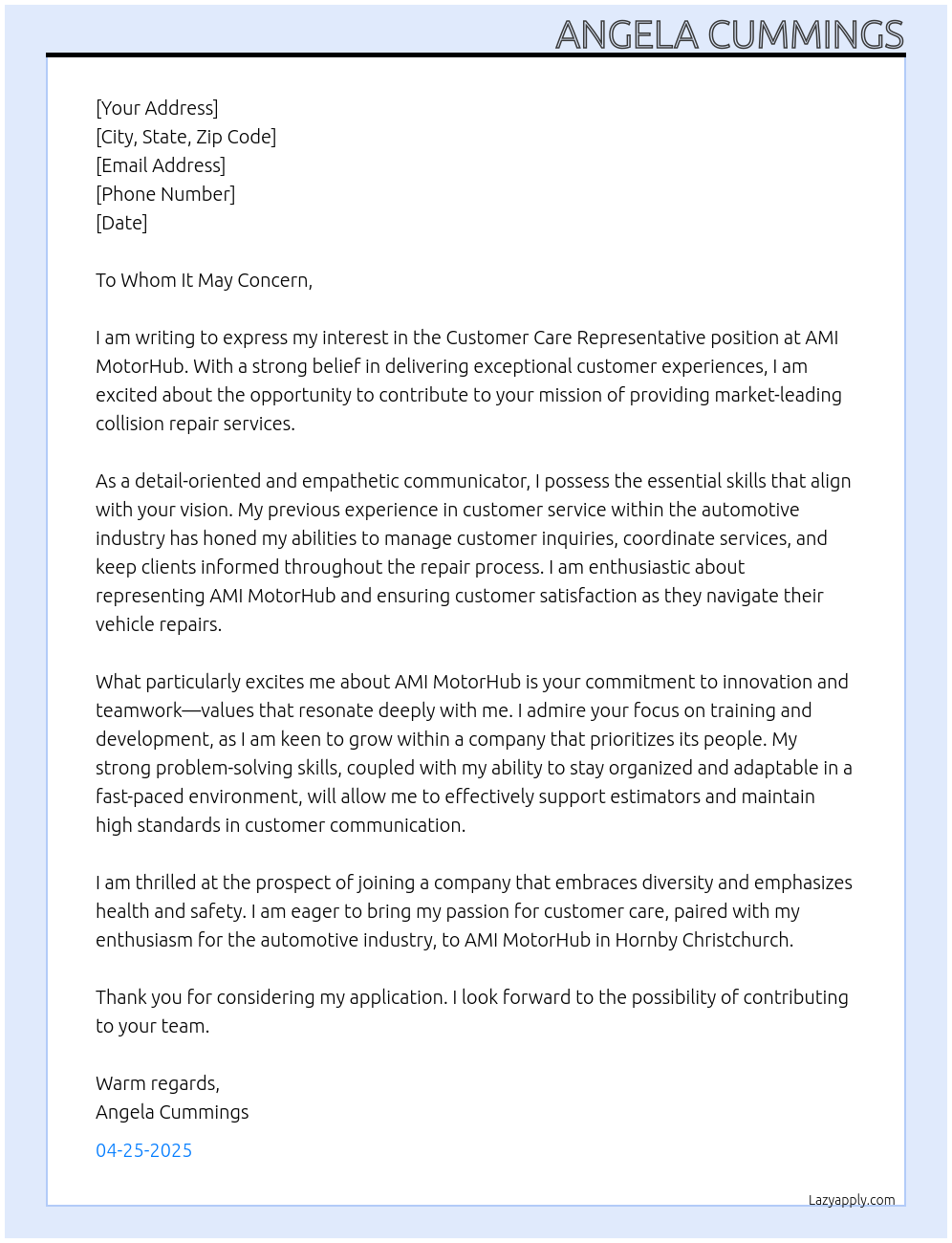 Customer Care Representative At AMI Motor Hub Cover Letter