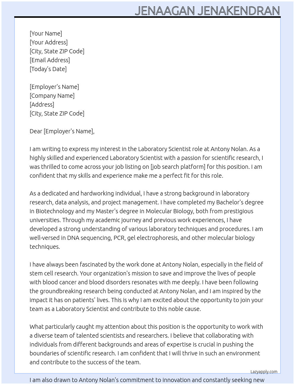Laboratory Scientist At Antony nolan  Cover Letter