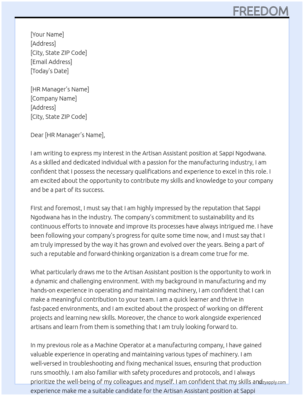 Cover letter for artisan assistant - LazyApply