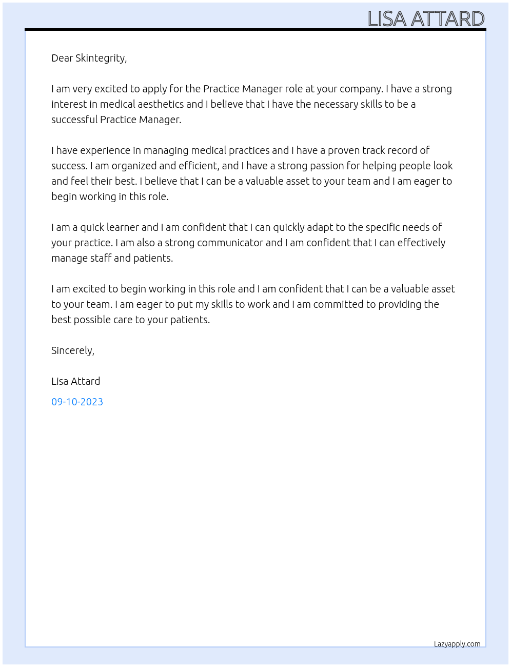 Practice manager At Skintegrity Cover Letter