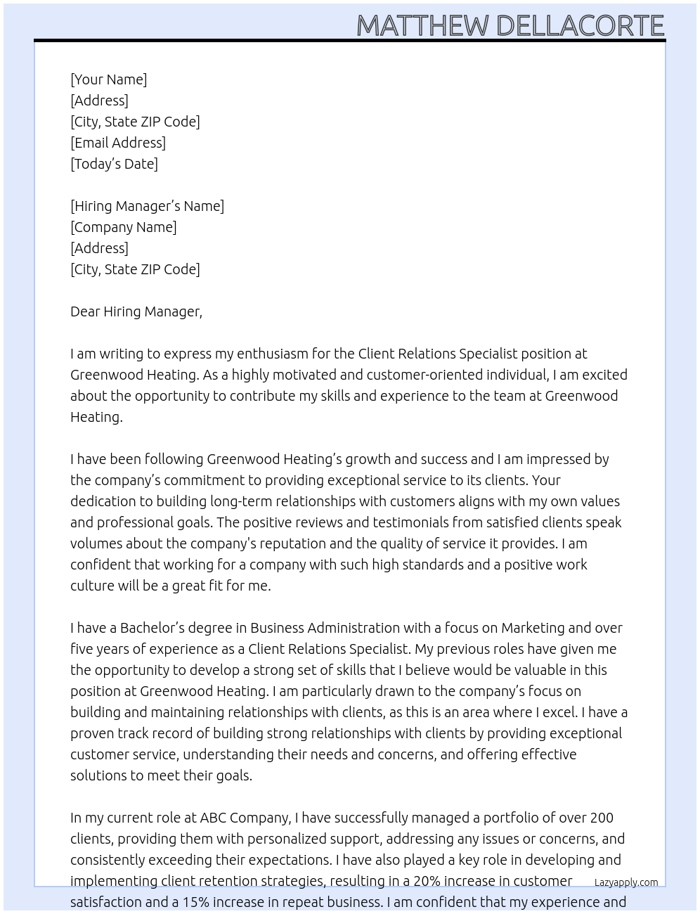 Client Relations Specialist At Greenwood Heating Cover Letter