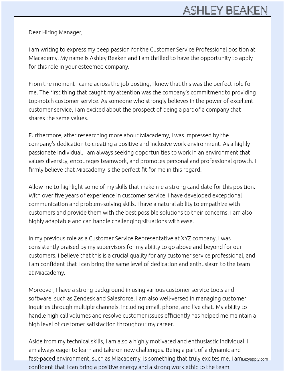 Customer Service Professional At Miacademy Cover Letter