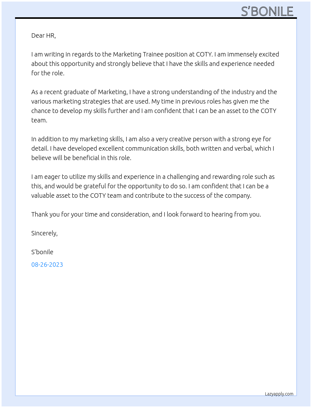 Marketing Trainee At COTY  Cover Letter