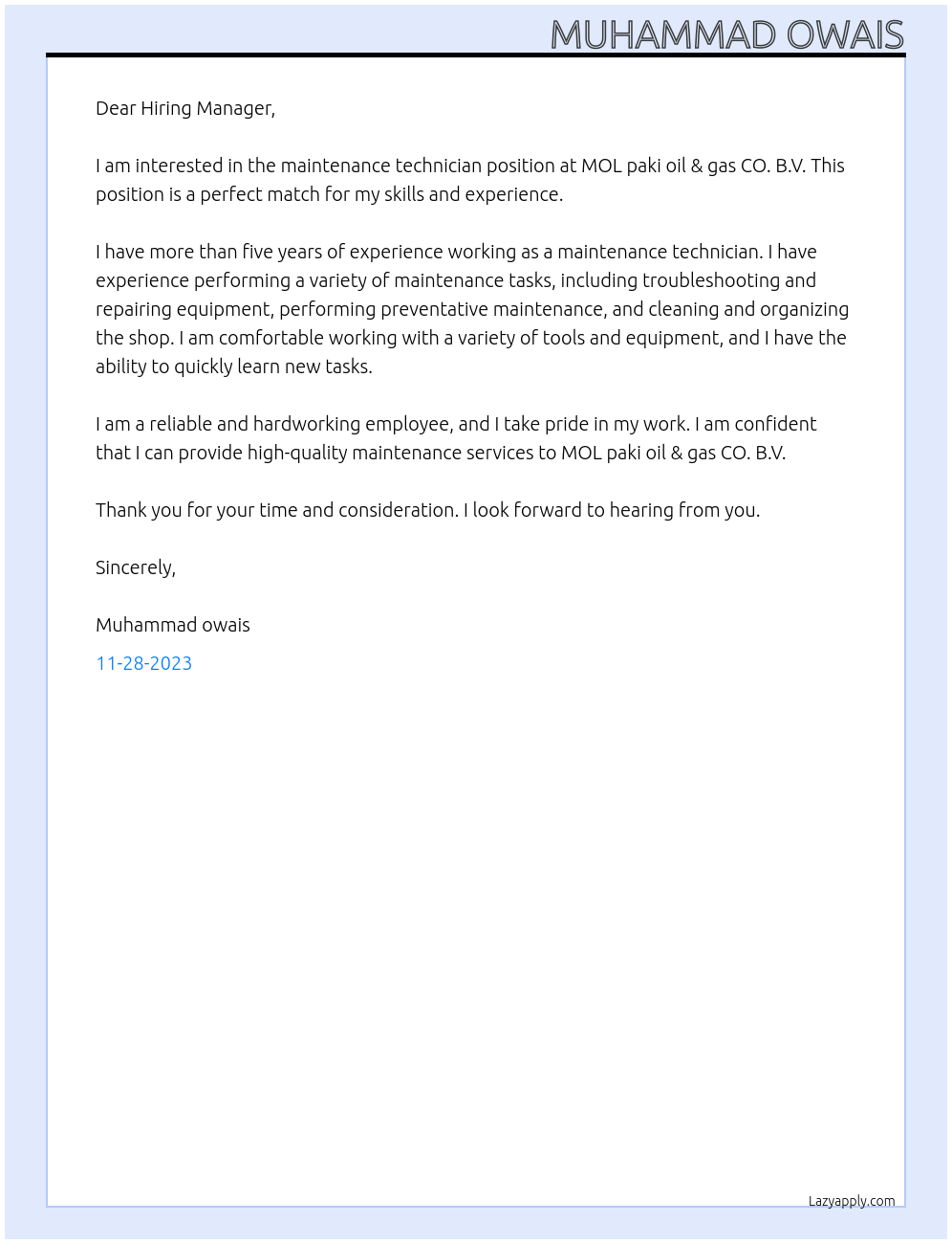 maintenance technician At MOL paki oil & gas CO. B.V Cover Letter