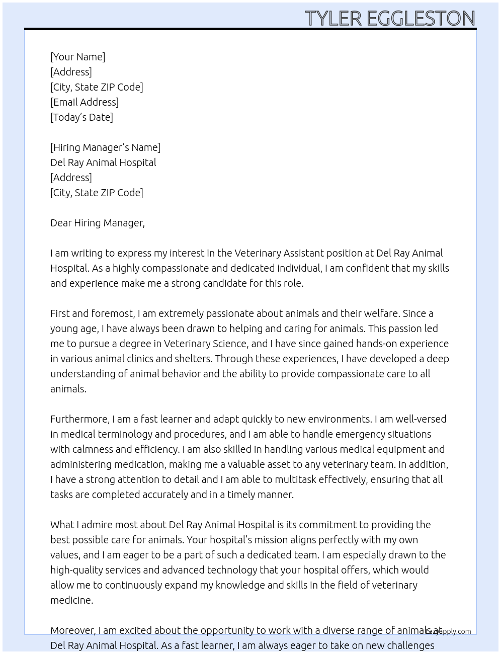 Veterinary Assistant At Del Ray Animal Hospital Cover Letter