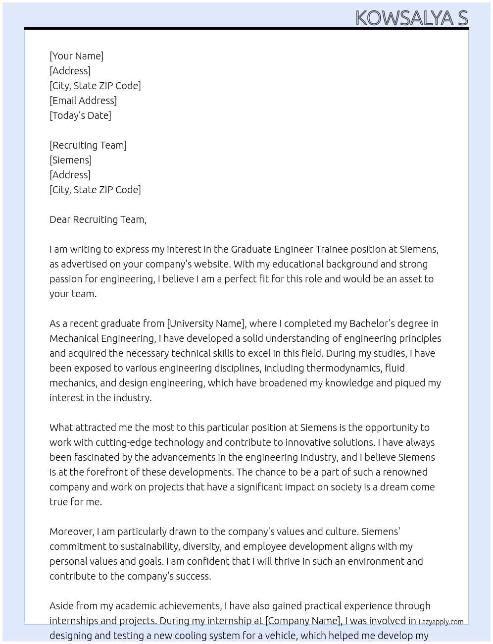 graduate engineer traniee At siemens Cover Letter