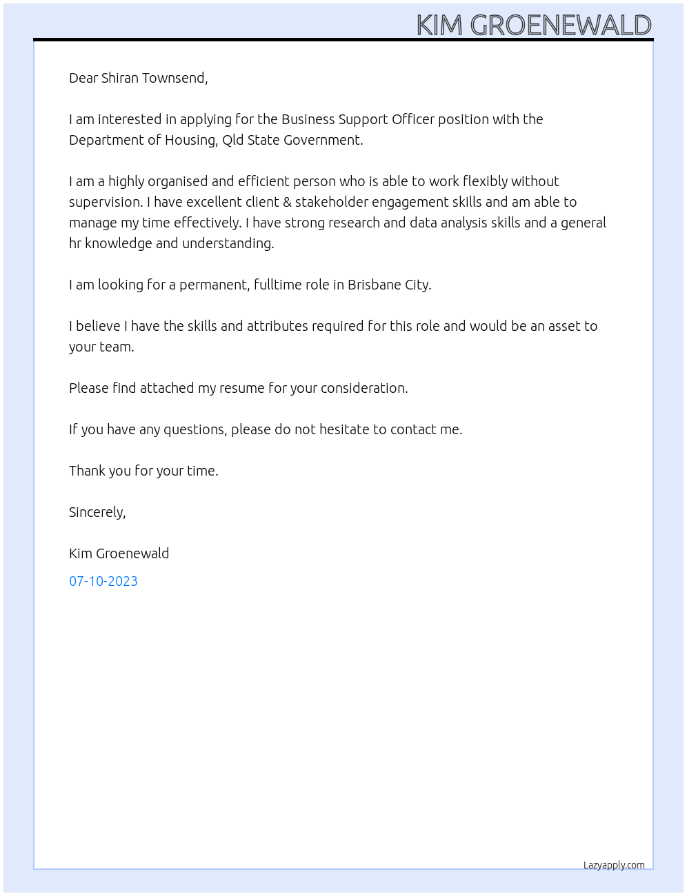 Business Support Officer At Department of Housing, Qld State Government Cover Letter